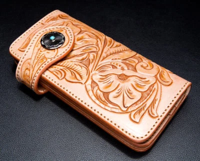 CARTERA ROCK MOTOCICLISTA CUERO VACA GENUINO TRIBAL FLORAL INDIO CONCHO TURQUESA Foto 1 de 4