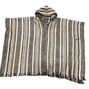 Wool Alpaca Blend Pullover Poncho SZ OS Striped Hooded Boho Unisex - Picture 1 of 3