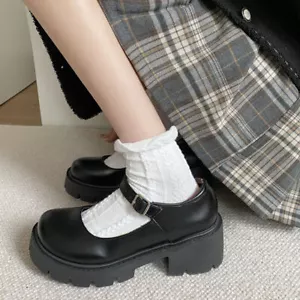 Womens Platform Chunky Heels Round Toe Buckle Shoes Lolita Mary Jane - Picture 1 of 5