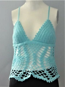 New Handmade Crochet Blue Size 28 (S) Boho Bra Beachwear Crop Top Blouse - Picture 1 of 12