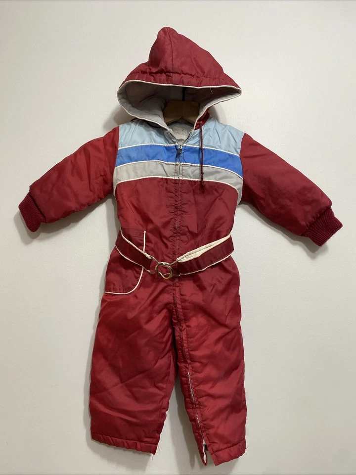 Traje de nieve de invierno vintage Sears para niños pequeños 2T cinturón de una pieza rojo azul con capucha cremallera completa Foto 1 de 4