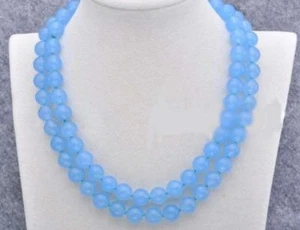 Natural 10mm Blue Chalcedony Gemstone Beads Round Necklace 35'' - Picture 1 of 2