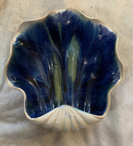 Ceramic Decorative Footed Clam Shell Bowl Center Piece Blue Green White Large