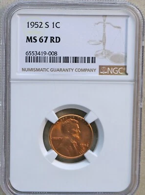 1952 S Lincoln cent graded by NGC MS 67 RED - Image 1 of 2
