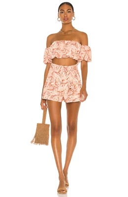 MINKPINK Revolve Kara 彩色花卉高腰短裤亚麻混纺腰带 L — 第 1/4 张图片