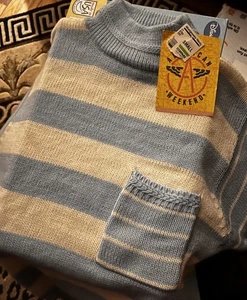 90er blau-weiß gestreifter Pullover Tasche Vintage Gr. SM Damen. Neu mit Etikett - Bild 1 von 1