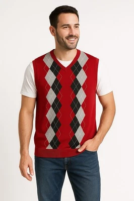 Chaleco Suéter Roundtree & Yorke Rojo Argyle 2XT Alto 100% Algodón Tejido Clásico Foto 1 de 4