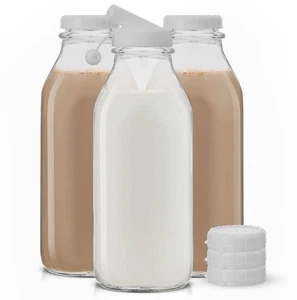 Glass Milk Bottles with Lids and Pourer 32 Oz 3 Pack Airtight Heavy Duty - Picture 1 of 7