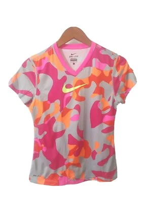Dri-Fit T-Shirt Girls L Pullover Short Sleeve Muliticolor Neon Logo V-Neck  - Image 1 of 4
