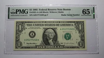$1 1995 Radar Serial Number Federal Reserve Currency Bank Note Bill PMG UNC65EPQ - Image 1 of 2
