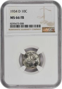 1934-D Mercury Silver Dime MS66FB NGC - Picture 1 of 4
