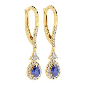 1.30 Ct Round Brilliant Diamond & Blue Sapphire Pear Earrings in 18K Yellow Gold - Picture 1 of 4