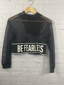 Shein “Be Fearless” Graphic Fishnet Overlay Hoodie Girls 11-12y Black Cropped - Picture 1 of 5