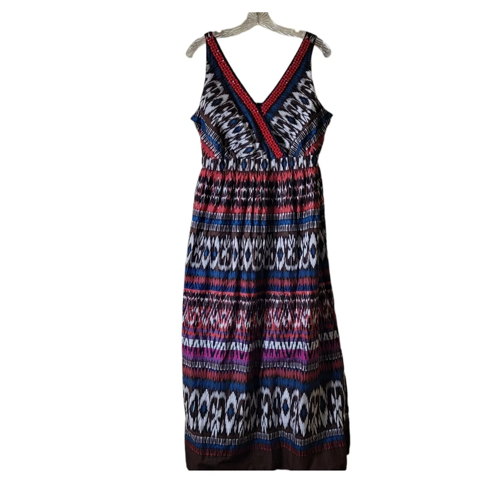 Charter Club Maxi Sundress Size 14 Southwestern Inspired Beaded Cotton - Image 1 of 4