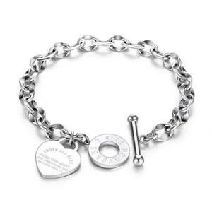 Women's Charm Stainless Steel Heart Bracelet Silver Girl Link Chain Bangle New - Picture 1 of 4