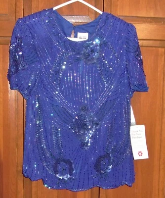 VTG 80s 100% Silk Sequin Top Blouse Leslie Fay Evenings Short Sleeve Dk Blue - L - Image 1 of 4