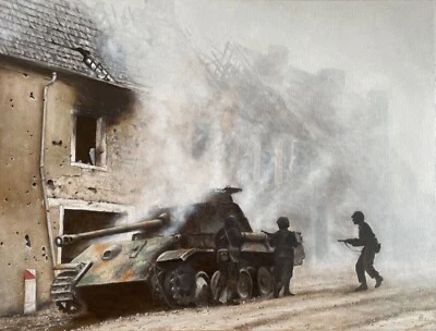 WW2 Bataille de Normandie 1944. Peinture à l'huile 40 x 30 cm - Photo 1/4