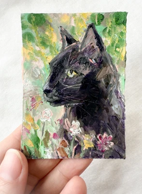 Pintura al óleo en miniatura original Black Cat 2 de R. Machan 2,5"x3,5" arte animal ATC Foto 1 de 3