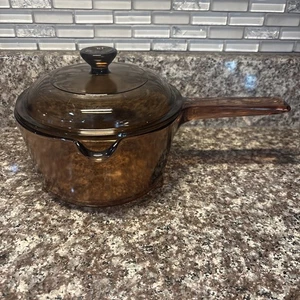 Pyrex Vision Corning Amber Glass 1 L Pot Teflon Saucepan with Pouring Spout Lid - Picture 1 of 7