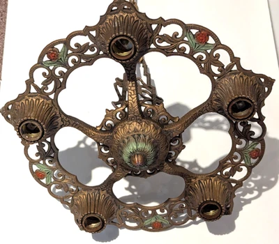 1930's JC VIRDEN Hanging Ceiling Light 5 Bulb Art Deco Polychrome Chandelier - Image 1 of 4
