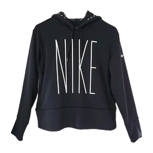 Nike Dry Fit Hoodie Pullover Sweatshirt Womens M Black White Crop Logo Spellout - Picture 1 of 14