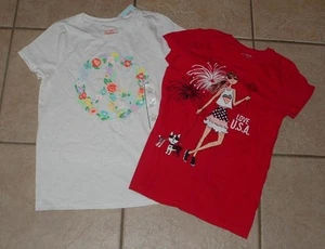 Girls Sz Large 10/12 Casual Wear White Floral & Red Patriotic Shirt 2 Pc Lot - Picture 1 of 3