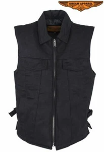 Men’s Motorcycle Black Denim Club Vest with Pockets Folded Collar & Hidden Snaps - Picture 1 of 10