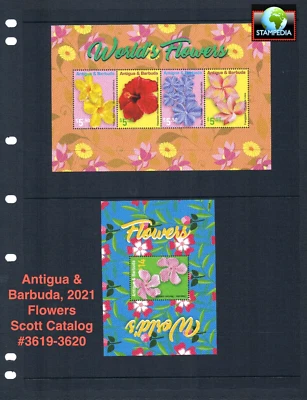 $27.00 Scott Value - 2022 ANTIGUA Flowers 2 s/s Caribbean Sea CV MNH NH UMM - Image 1 of 4