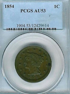 1854 Braided Hair Large Cent : PCGS AU53 - Picture 1 of 2