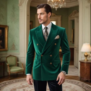 Men's Double Breasted Blazer Slim fit Velvet Coat Elegant Hosting Evening Jacket - Picture 1 of 7