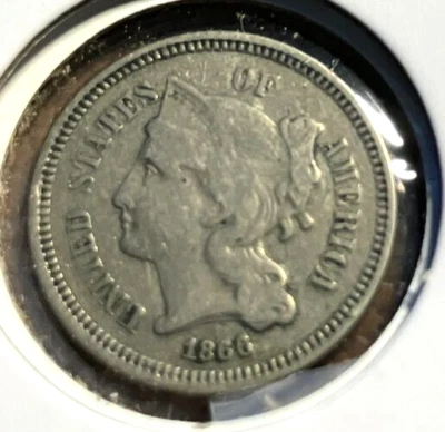 elf Three Cents Nickel  1866  E79 Last 6 Recut/Doubled - Image 1 of 2
