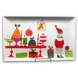 Crate & Barrel Jenny Bowers Jingle Rectangle Christmas Serving Platter Santa 17" - Picture 1 of 8
