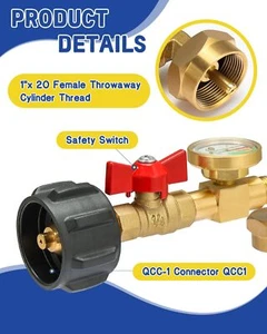 Propane Refill Adapter w Valve Gauge 1Lb Bottles from 20Lb Tank Fits Qcc1/Type 1 - Picture 1 of 24