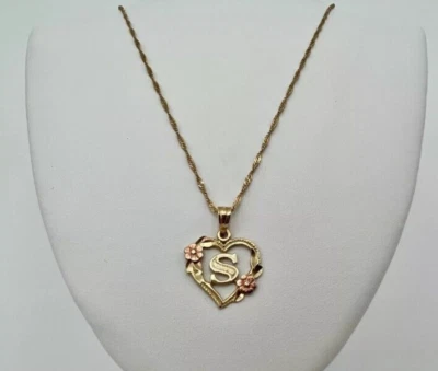 Vintage 14k Gold Initial "S" Heart Pendant Necklace, Rose Gold Accents, 2.05g - Image 1 of 4
