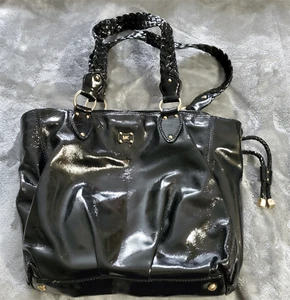 Michael Kors Black Shiny Patent Handbag Purse Braided Strap Shoulder Boho MK Bag - Picture 1 of 20