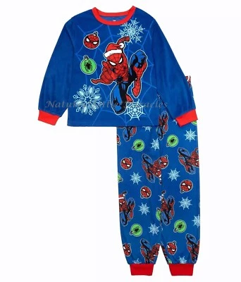 Spiderman Christmas Pajamas Boys Size 4 6 8 10 12 Holiday Marvel Shirt Pants Set - Image 1 of 4