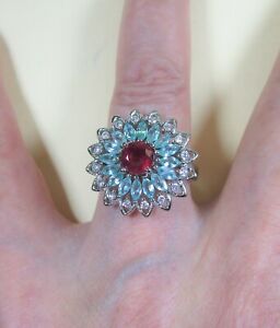 RUBY, MARQUISE APATITE & CZ RING #7.75 14k WHITE GOLD-plate 925 STERLING SILVER