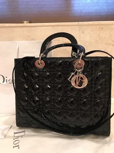 Christian Dior Large Lady Dior Bag In Black Patent Leather W Silver Hardware - Picture 1 of 12
