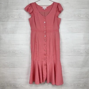 Rachel Parcell Linen Blend Midi Dress Size L Pink Button Down Ruffle Hem V Neck - Picture 1 of 18