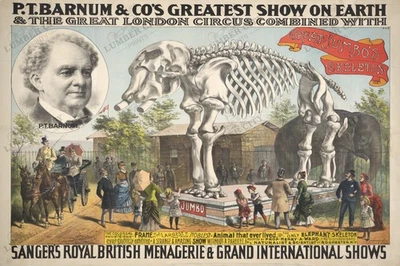 P.T. Arte de pared americano con impresión de póster esqueleto jumbo Barnum Circus 1885 Foto 1 de 4