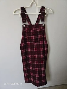 Topshop Corduroy Pinafore Dress Size 12 Tall Wine Red Tartain Plaids - Picture 1 of 6