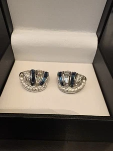 Signed Boucher 5492 Clear Pave & Blue Baguette Clip Earrings Vintage ~ VGUC - Picture 1 of 6