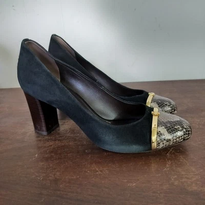 Tory Burch Negro Gamuza Estampado Serpiente Gorra Puntera Tacones 9B Apilados Bloque Tacones Logo Foto 1 de 4