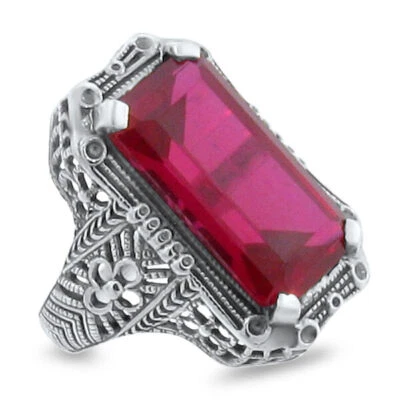 ART DECO DESIGN CLASSIC STYLE 925 SILVER 10 Ct LAB-CREATED RUBY RING        145X - Image 1 of 4