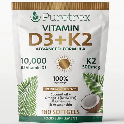 Vitamin D3 10000iu & Vitamin K2 500mcg MK7  180 Vegan Softgels Magnesium Coconut - Image 1 of 4