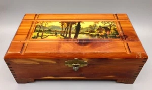 Cedar Wood Trinket Box Jewelry with Lithograph top of Lake home Man & Sheep Cute - Picture 1 of 12