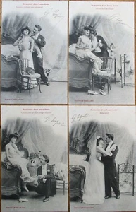 Risque 1905 SET OF FOUR French Fantasy Postcards: Couple in Bedroom - Bergeret - Picture 1 of 1