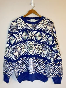 Vintage 417 Van Heusen Pullover Herren blau weiß nordisch Schneeflocke von Hand gestrickt - Bild 1 von 5