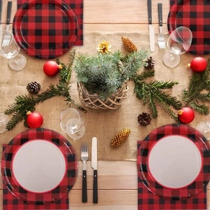 194 Pieces Red and Black Plaid Party Supplies Party Tableware Paper Plates and N - Picture 1 of 7