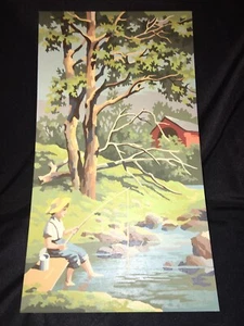 Vintage Mid Century 10" X 18" Paint By Number Boy Fishing Stream Landscape 1964 - Picture 1 of 4